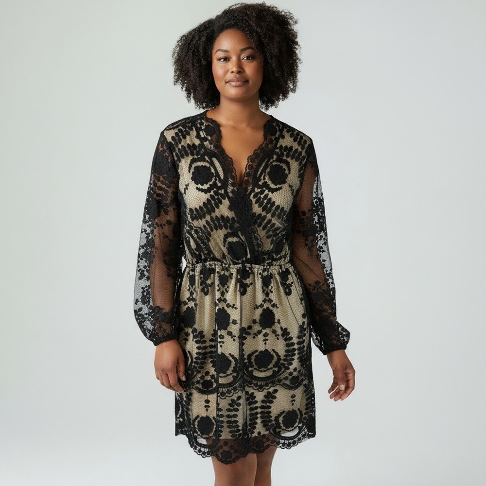 Eilly Bazar Black Lace Dress With Beige Underlay 10‎